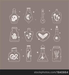 Magic bottles in doodle style with feather, snake, moon, lavender, mushrooms and etc. Vector set of logo templates. Can be used for stickers, logos, esoteric shops.