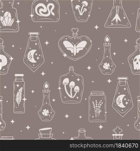 Magic bottles in doodle style with feather, snake, moon, lavender, mushrooms and etc. Vector Halloween seamless pattern. Can be used for packaging, wallpaper, scrapbooking.