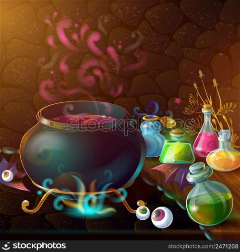 Magic Bottles of potion composition with large pot and ingredients for potion around vector illustration. Magic Bottles Of Potion Composition