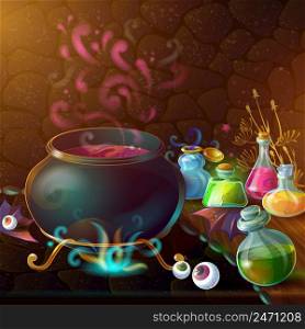 Magic Bottles of potion composition with large pot and ingredients for potion around vector illustration. Magic Bottles Of Potion Composition
