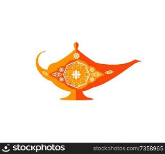 Magic bowl arabic genie lamp with ornament vector illustration, ceramic product abstract floral template, isolated on white pottery decorative pattern. Magic Bowl with Cute Ornament Vector Illustration