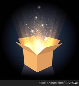 Magic cardboard box with light. Magic box. Cardboard box with glow lighting inside, opened gift container vector illustration