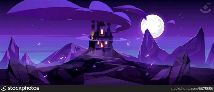 Magic castle at night on mountain, fairytale palace with turrets and rocky road under purple sky with full moon and clouds in sky. Fantasy fortress, medieval architecture. Cartoon vector illustration. Magic castle at night on mountain fairytale palace
