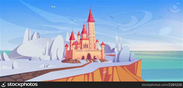 Magic castle at winter day on sea cliff with road. Fairytale palace at beautiful nature landscape with falling snow and seascape. Fantasy fortress, medieval architecture Cartoon vector illustration. Magic castle at winter day on sea cliff with road
