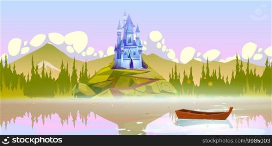 Magic castle on mountain top near river pier with boat on water surface at summer day. Fairytale palace under cloudy sky and trees around. Fantasy medieval architecture, Cartoon vector illustration. Magic castle on mountain top near river at summer