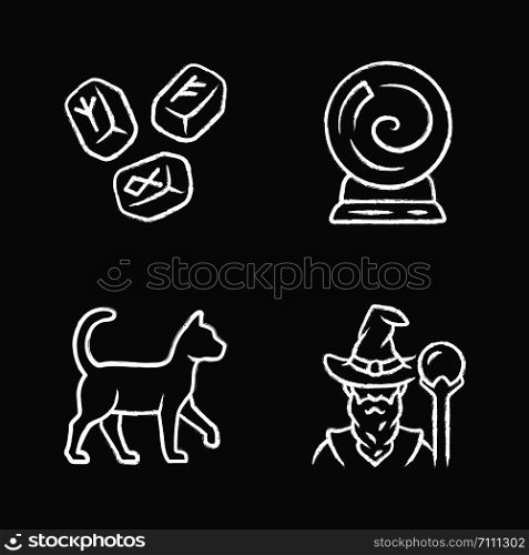 Magic chalk icons set. Runestones, fortune telling crystal ball, witch cat, wizard. Witchcraft and sorcery halloween symbols. Isolated vector chalkboard illustrations