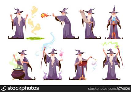 Magic character. Cartoon wizard performs various magical actions. Senior sorcerer in hat and robe. Fabulous old man with long white beard brews potion or casts spells. Vector isolated magicians set. Magic character. Cartoon wizard performs various magical actions. Sorcerer in hat and robe. Fabulous old man with long white beard brews potion or casts spells. Vector magicians set