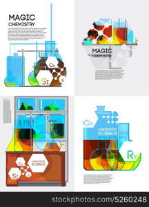 Magic Chemistry Posters Set. Chemical laboratory posters set with flat jars and test tubes colorful liquids with principle element signs vector illustration