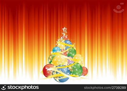 Magic Christmas tree and vertical red golden stripes