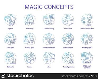 Magic concept icons set. Occultism, sorcery and witchcraft idea thin line illustrations. Various spells and alchemy potions. Fortune telling and divination service. Vector isolated outline drawings