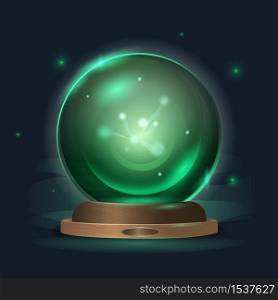 Magic crystal ball in a mystical emerald radiance. Graphic illustration of magical prediction, mystery, good luck, emerald green symbol of the incomprehensible, art concept of secrets. Magic crystal ball in a mystical emerald radiance