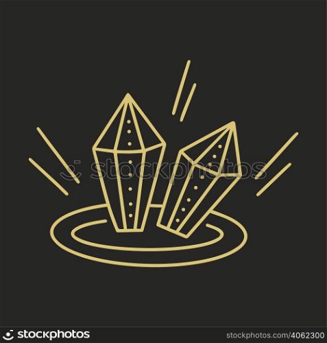 Magic crystals on black background isolated object. Totem tolisman for witchcraft and magic. Golden crystals simple outline. Hand drawn object of worship and esoteric vector. Magic crystals on black background isolated object