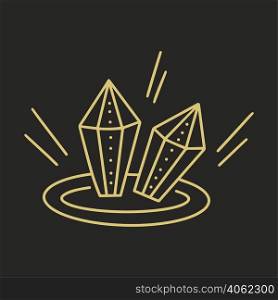 Magic crystals on black background isolated object. Totem tolisman for witchcraft and magic. Golden crystals simple outline. Hand drawn object of worship and esoteric vector. Magic crystals on black background isolated object