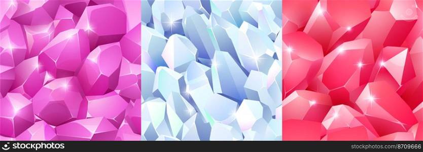Magic crystals textures, seamless backgrounds for game. White, red and pink gem stones, jewel rock minerals. Natural gemstones, fantasy treasure, assets, jewelry and geology, Cartoon vector elements. Magic crystals textures, seamless backgrounds