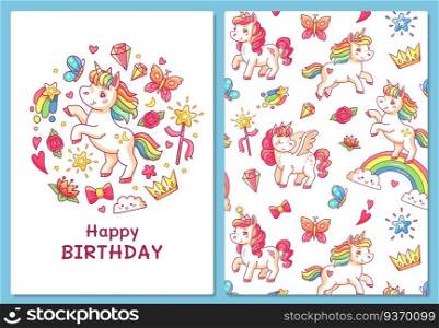 Magic cute unicorn greeting card. Cartoon vector template greeting card, cartoon unicorn and birthday card with rainbow, invitation poster illustration. Magic cute unicorn greeting card. Cartoon vector template
