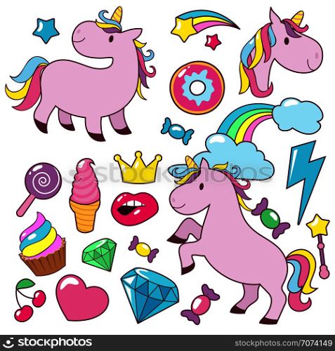 Magic cute unicorns baby horses vector character collection. Magic horse unicorn, cake and crown, diamond and ice cream illustration. Magic cute unicorns baby horses vector character collection