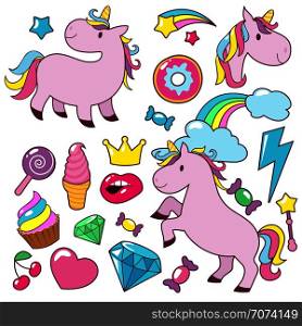 Magic cute unicorns baby horses vector character collection. Magic horse unicorn, cake and crown, diamond and ice cream illustration. Magic cute unicorns baby horses vector character collection