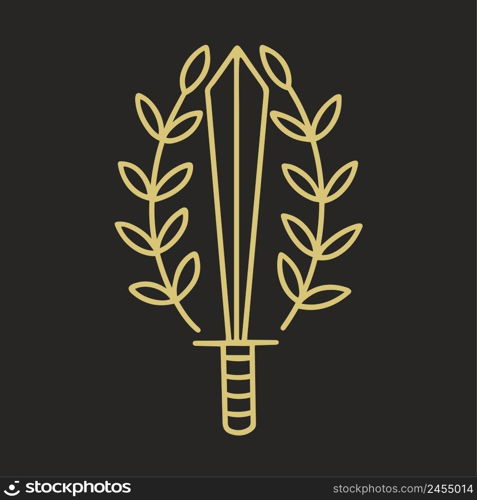 Magic dagger vector doodle illustration. Sword decorated twigs with leaves symbolism. Esoteric object akultism isolated object. Golden silhouette cold weapon on black background. Magic dagger vector doodle illustration