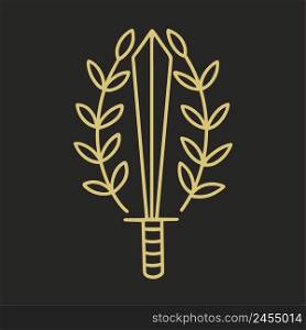 Magic dagger vector doodle illustration. Sword decorated twigs with leaves symbolism. Esoteric object akultism isolated object. Golden silhouette cold weapon on black background. Magic dagger vector doodle illustration