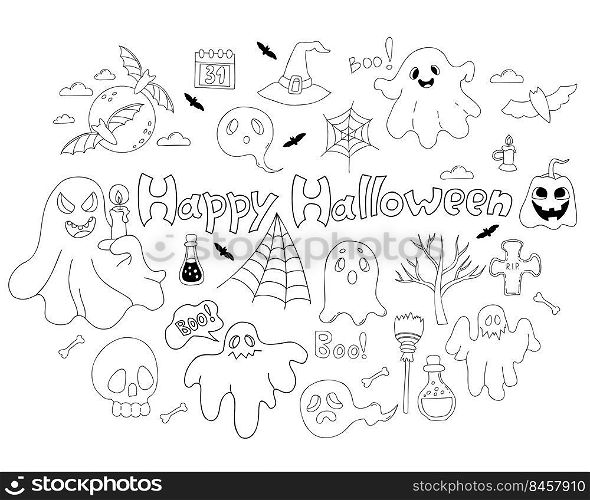 Magic doodle collection Happy Halloween. Cute ghost and spook with candle, jack pumpkin, bat and skull, grave and witch hat and magical potions. Vector linear hand drawn doodle. Isolated elements