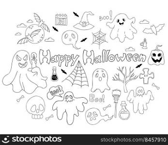 Magic doodle collection Happy Halloween. Cute ghost and spook with candle, jack pumpkin, bat and skull, grave and witch hat and magical potions. Vector linear hand drawn doodle. Isolated elements