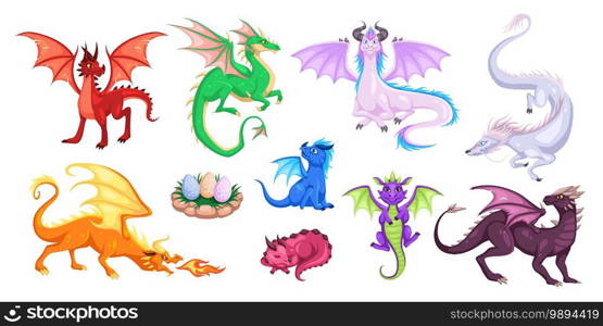 Magic dragons. Fantasy funny creatures, big flying fairy animals, fire-breathing legendary characters, adults and babies mythical reptiles. Childish bright collection for design cartoon vector set. Magic dragons. Fantasy funny creatures, big flying fairy animals, fire-breathing legendary characters, adults and babies mythical reptiles. Childish bright cartoon vector set