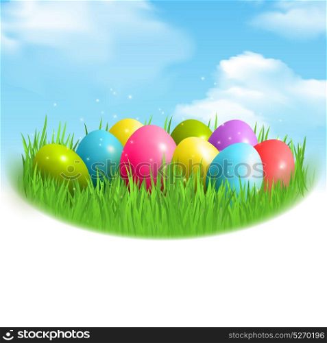 Magic Eggs Outdoor Composition . Colorful easter eggs composition with bunch of glittering magic eggs on green grass with clear sky vector illustration