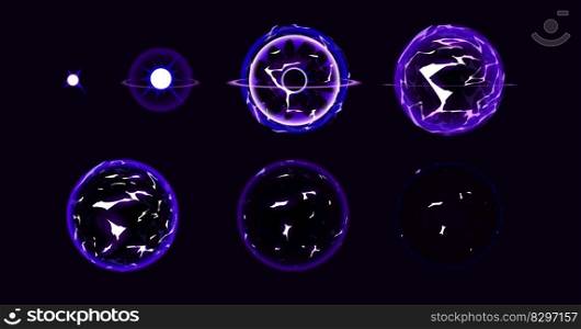 Magic electric lightning ball animation sprite for game vector design. Purple thunder energy attack fx set for video explosion. Special frame element for powerful weapon explode or wizard spell.. Magic electric lightning ball animation sprite
