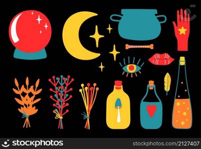 Magic equipment. Magical tools, poison bottles globe and plants doodle vector collection. Magic equipment collection