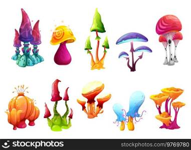 Magic fairy cartoon mushrooms of fantasy alien forest, vector toadstools and luminous trees. Fairy and witch amanita mushrooms of fantastic planet for game or fairy tale witchcraft, glowing neon fungi. Magic fairy cartoon mushrooms of fantasy forest