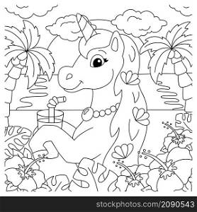 Magic fairy horse. Unicorn is drinking juice on the beach. Coloring book page for kids. Cartoon style character. Vector illustration isolated on white background.