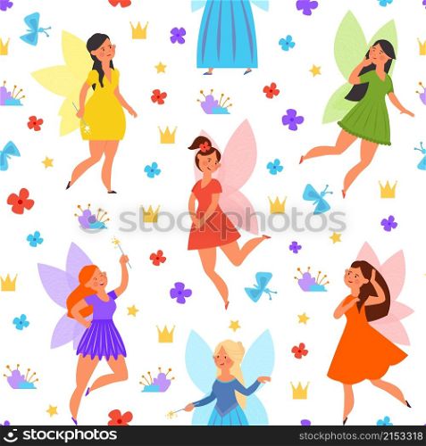 Magic fairy pattern. Cute fairies, princess flying on butterfly wings. Magical girl in dress, fantasy tale childish decent vector seamless texture. Illustration of cute magic fairy background pattern. Magic fairy pattern. Cute fairies, princess flying on butterfly wings. Magical girl in dress, fantasy tale childish decent vector seamless texture