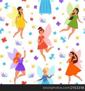 Magic fairy pattern. Cute fairies, princess flying on butterfly wings. Magical girl in dress, fantasy tale childish decent vector seamless texture. Illustration of cute magic fairy background pattern. Magic fairy pattern. Cute fairies, princess flying on butterfly wings. Magical girl in dress, fantasy tale childish decent vector seamless texture