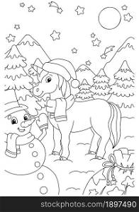 Magic fairy unicorn and snowman with gifts. Cute horse. Coloring book page for kids. Cartoon style character. Vector illustration isolated on white background.