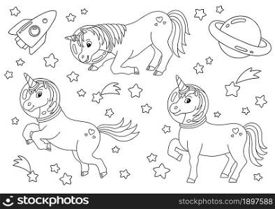 Magic fairy unicorn. Cute horse. Coloring book page for kids. Cartoon style character. Vector illustration isolated on white background.