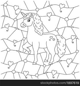 Magic fairy unicorn. Cute horse. Coloring book page for kids. Unusual pattern. Cartoon style. Vector illustration isolated on white background.