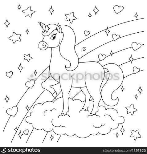 Magic fairy unicorn on cloud. Cute horse. Coloring book page for kids. Cartoon style. Vector illustration isolated on white background.