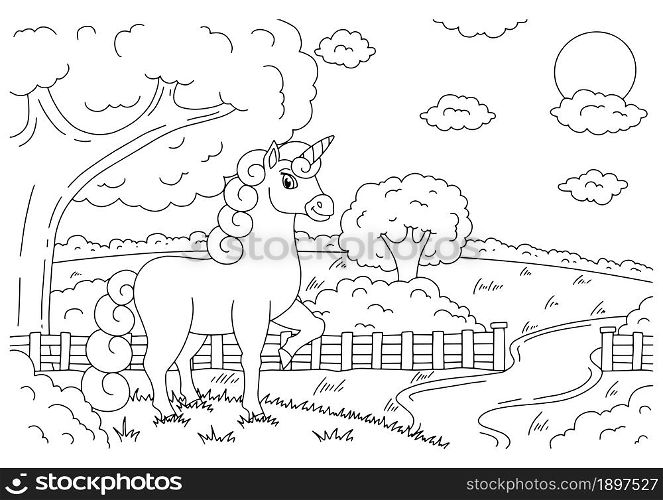 Magic fairy unicorn on landscape. Cute horse. Coloring book page for kids. Cartoon style. Vector illustration isolated on white background.