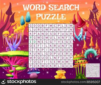 Magic fairytale mushrooms on alien planet. Word search puzzle game worksheet. Vocabulary puzzle, or quiz vector page, children text playing activity with words finding task and vibrant alien mushrooms. Magic fairytale alien mushrooms word search game