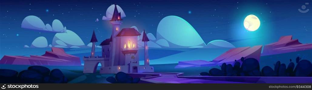 Magic fantasy castle at night vector fairytale background. Fairy tale medieval princess palace with road. Gothic kingdom mansion above full moon light in starry sky. Fantastic old chateau design. Magic fantasy castle at night vector background