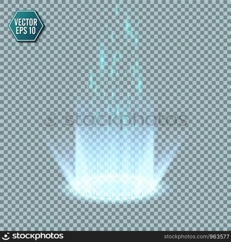 Magic fantasy portal. Futuristic teleport. Light effect. Blue candles rays of a night scene with sparks on a transparent background. Empty light effect of the podium. Disco club dancefloor. Vector. Magic fantasy portal. Futuristic teleport. Light effect. Blue candles rays of a night scene with sparks on a transparent background. Empty light effect of the podium. Disco club dancefloor.