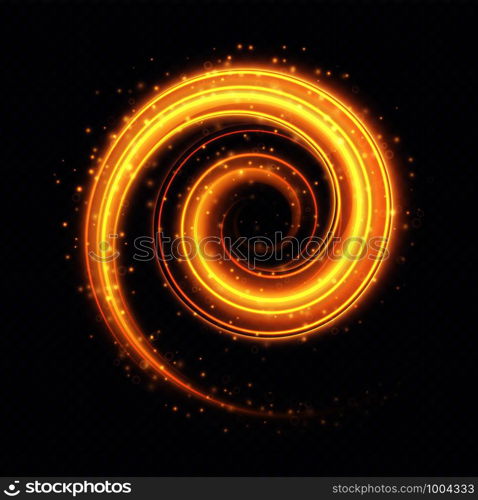 Magic fiery light spiral effect isolated on transparent background. Luminescent stardust swirl with bright bokeh and sparkles. Vector illustration.. Magic fiery light spiral effect isolated on transparent background.