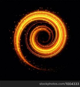 Magic fiery light spiral effect isolated on transparent background. Luminescent stardust swirl with bright bokeh and sparkles. Vector illustration.. Magic fiery light spiral effect isolated on transparent background.