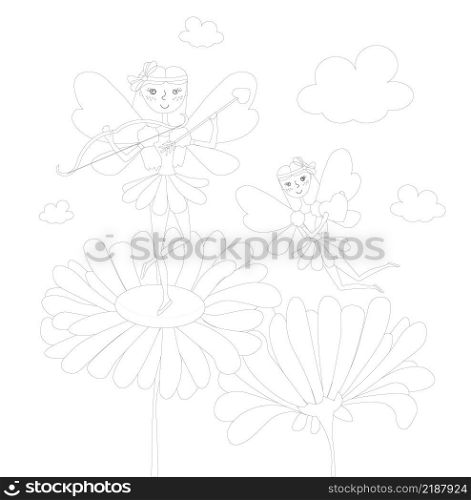 Magic flying fairies flower coloring book cartoons flat design stock vector illustration