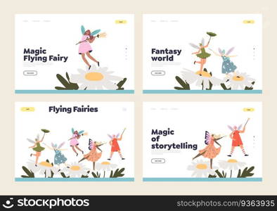 Magic flying fairies set of landing pages templates with cute cartoon girls elves and forest pixies, tiny magical creatures over big flowers. Flat vector illustration. Magic flying fairies set of landing pages with cute cartoon girls elves and forest pixies