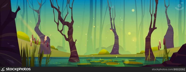 Magic forest sw&cartoon game background vector. Beautiful fantasy pond landscape for fairytale illustration with cattail in water branch in wetland. Spooky naked and dry tree scene design. Magic forest sw&cartoon game background vector