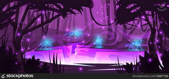 Magic forest with wolves mystery silhouettes, river and mystical purple light. Vector cartoon fantasy illustration of jungle landscape with fantastic wild animals. Magic forest with wolves, river and purple light