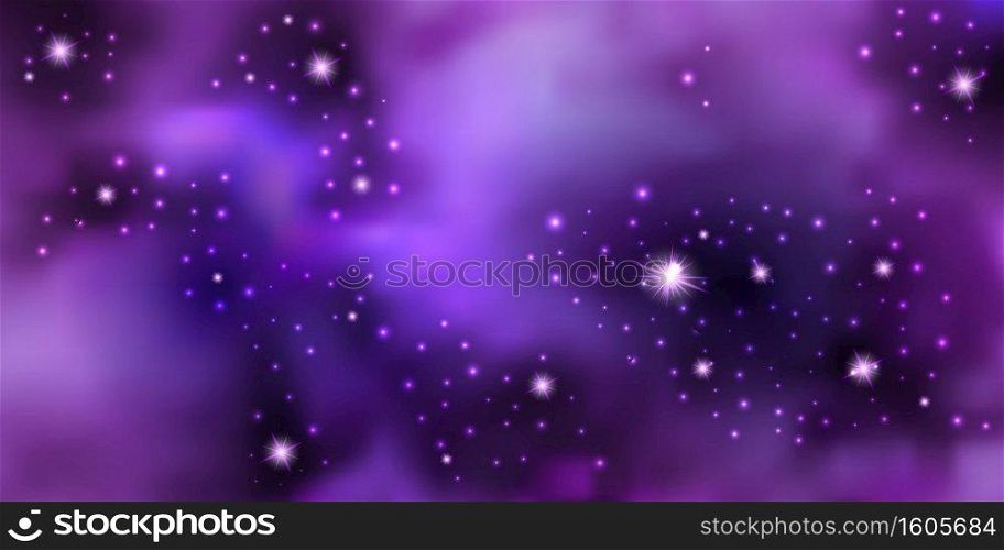 Magic galaxy space with shiny nebula  star dust. Purple mysterious night sky, light flare and cloudy mist. Abstract background, seamless cosmic pattern, vector illustration