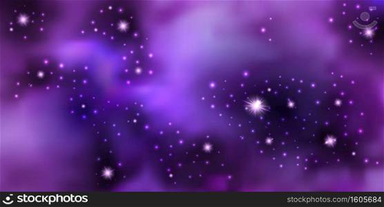 Magic galaxy space with shiny nebula  star dust. Purple mysterious night sky, light flare and cloudy mist. Abstract background, seamless cosmic pattern, vector illustration