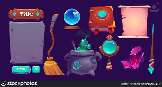 Magic game interface cartoon elements set. Crystal gem and globe, witch broomstick, cauldron, ancient empty scroll, spell book, stone and wooden panel for title, menu or buttons, Vector illustration. Interface for magic game, cartoon design elements